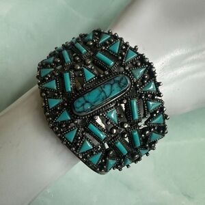 Southwestern Style Wide Cuff Bracelet Turquoise Mosaic Design